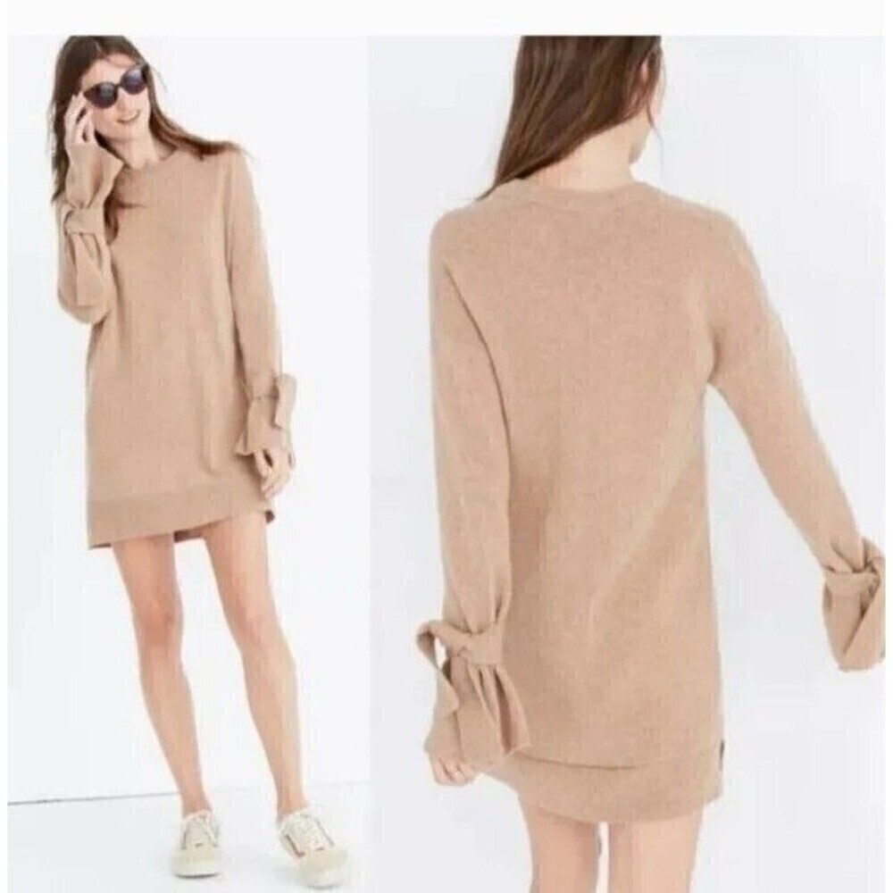 Madewell Merino Wool Tie-Cuff Sweater Dress Camel Tan Brown Women's Sz W